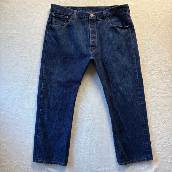 Levis 501 Jeans Mens W40 L29 Dark Wash Blue Denim Straight Leg Button Fly - Picture 1 of 16